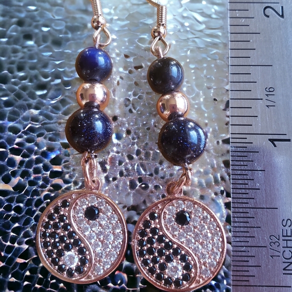 Rose Gold Handcrafted Yin Yang & Goldstone Earrings - Picture 4 of 6
